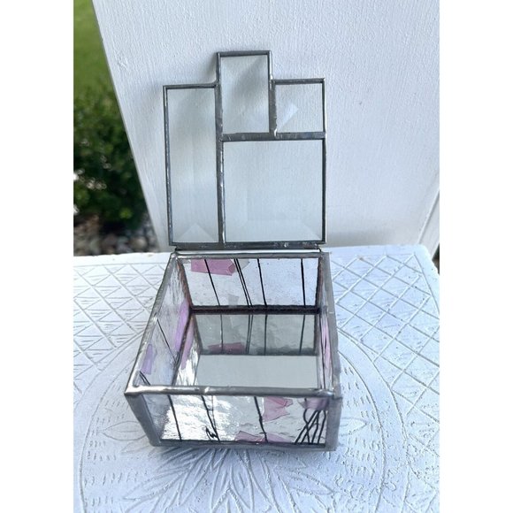 1980s STAINED GLASS MIRROR JEWELRY TRINKET Beveled CUBIST ABSTRACT HINGED BOX - Picture 5 of 12